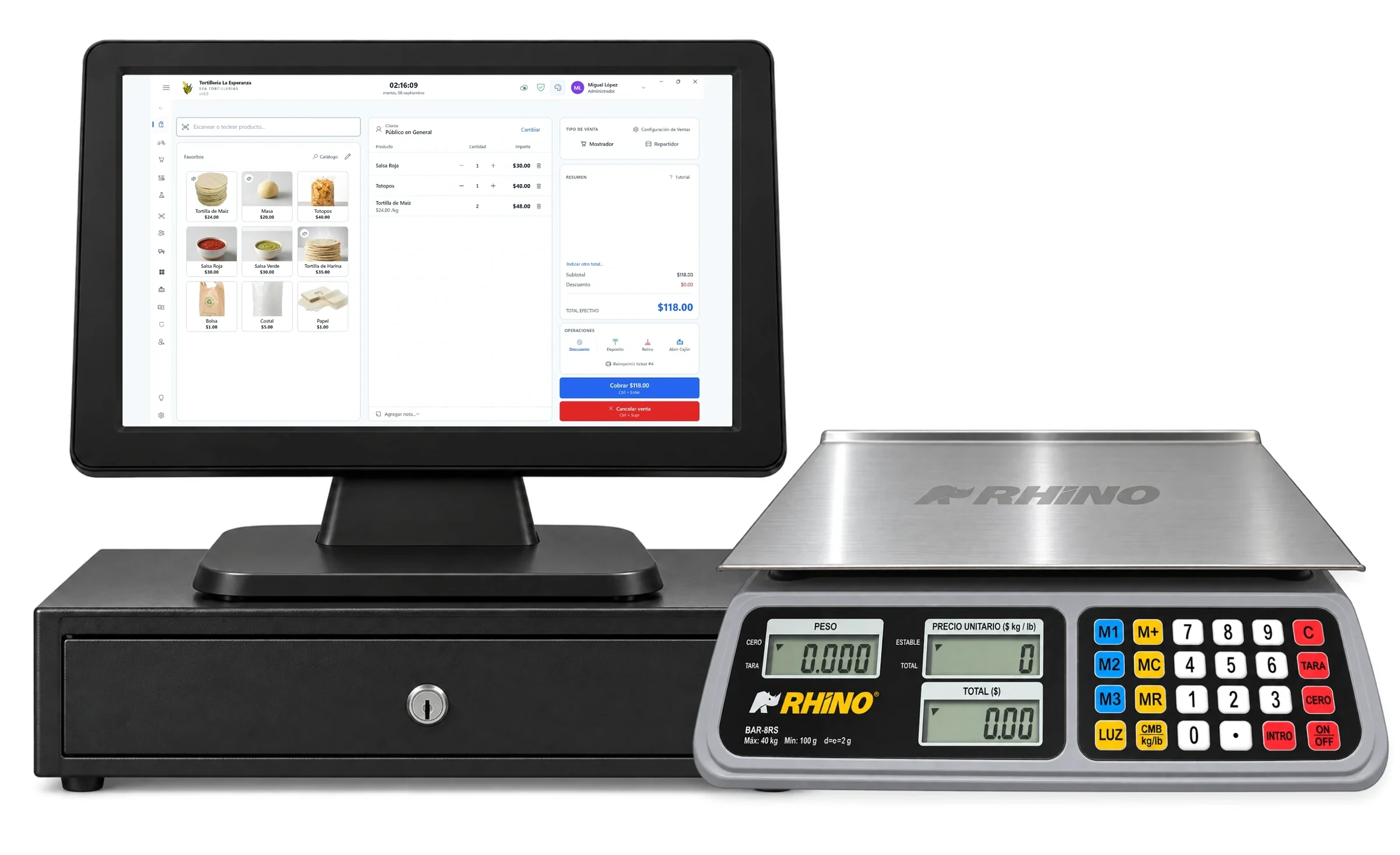 SYA para Windows en una terminal táctil sobre un cajón de dinero, junto a una báscula Rhino BAR-8RS: venta de tortilla de maíz, totopos y salsa por $118.00